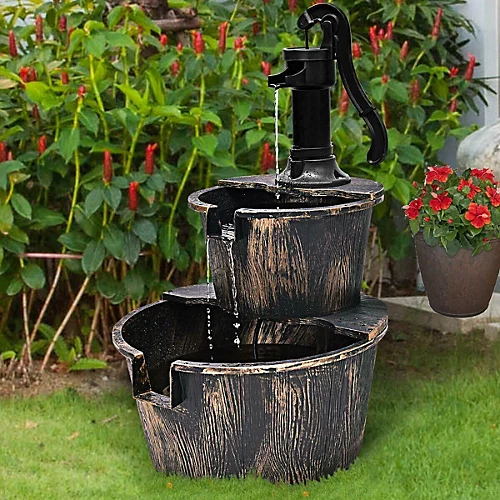 2 Tier Garden Wooden Effect Plastic Barrel Water Fountain Pump Cascading Feature 1 2 Tier Garden Wooden Effect Plastic Barrel Water Fountain Pump Cascading Feature