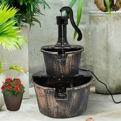 2 Tier Garden Wooden Effect Plastic Barrel Water Fountain Pump Cascading Feature 5 2 Tier Garden Wooden Effect Plastic Barrel Water Fountain Pump Cascading Feature -Outsunny Garden Zone 2 tier garden wooden effect plastic barrel water fountain pump cascading feature5057102008644 02c MP