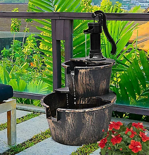 2 Tier Garden Wooden Effect Plastic Barrel Water Fountain Pump Cascading Feature 4 2 Tier Garden Wooden Effect Plastic Barrel Water Fountain Pump Cascading Feature - Image 4