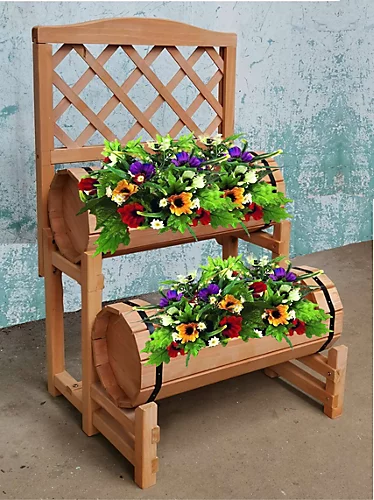 2 Tier Wood Barrel Planter With Trellis - Natural 1 2 Tier Wood Barrel Planter With Trellis - Natural