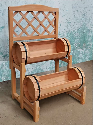 2 Tier Wood Barrel Planter With Trellis - Natural 2 2 Tier Wood Barrel Planter With Trellis - Natural - Image 2