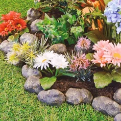 28pc Stone Effect Garden Edging - Polyresin Rock Border For Rockeries, Flower Beds, Ponds Or Lawns - Each Stone L8.9 X H5 X W5cm