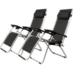 2x GardenCo Black Zero Gravity Recliners Chairs - Reclining Garden Sun Lounger Or Camping With Side Tables