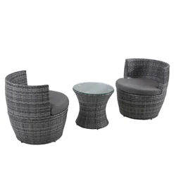3-Piece Outdoor Rattan Bistro Set, Garden Wicker Structure Furniture Vase Chair Set With Cushion And Glass Top Coffee Table - Gray