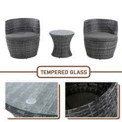 3-Piece Outdoor Rattan Bistro Set, Garden Wicker Structure Furniture Vase Chair Set With Cushion And Glass Top Coffee Table - Gray -Outsunny Garden Zone 3 piece outdoor rattan bistro set garden wicker structure furniture vase chair set with cushion and glass top coffee table gray0739515595960 03c MP