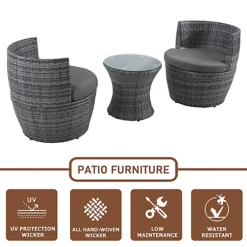 3-Piece Outdoor Rattan Bistro Set, Garden Wicker Structure Furniture Vase Chair Set With Cushion And Glass Top Coffee Table - Gray -Outsunny Garden Zone 3 piece outdoor rattan bistro set garden wicker structure furniture vase chair set with cushion and glass top coffee table gray0739515595960 04c MP