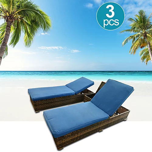 3 Pieces Rattan Sun Lounger Set, 2 Rattan Lounger With Cushion + Storage Rattan Table, Backrest Adjustable - Blue 1 3 Pieces Rattan Sun Lounger Set, 2 Rattan Lounger With Cushion + Storage Rattan Table, Backrest Adjustable - Blue