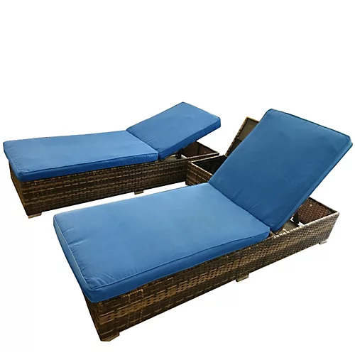 3 Pieces Rattan Sun Lounger Set, 2 Rattan Lounger With Cushion + Storage Rattan Table, Backrest Adjustable - Blue 2 3 Pieces Rattan Sun Lounger Set, 2 Rattan Lounger With Cushion + Storage Rattan Table, Backrest Adjustable - Blue - Image 2