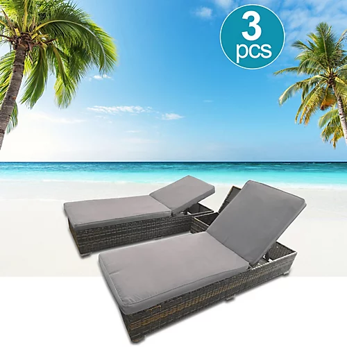 3 Pieces Rattan Sun Lounger Set, 2 Rattan Lounger With Cushion + Storage Rattan Table, Backrest Adjustable - Gray 1 3 Pieces Rattan Sun Lounger Set, 2 Rattan Lounger With Cushion + Storage Rattan Table, Backrest Adjustable - Gray