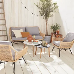 4-seater Bamboo-style Rattan Garden Sofa Set - 2-seater Sofa 2 Armchairs 2 Nesting Tables - Kuta - Heather Grey Cushions