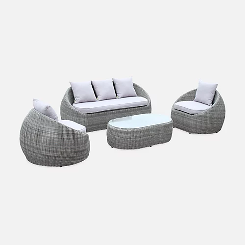 4-seater Designer Round Rattan Garden Sofa Set With 1 Sofa 2 Armchairs 1 Coffee Table - Ritardo - Grey Rattan / Light Grey Cush 1 4-seater Designer Round Rattan Garden Sofa Set With 1 Sofa 2 Armchairs 1 Coffee Table - Ritardo - Grey Rattan / Light Grey Cush