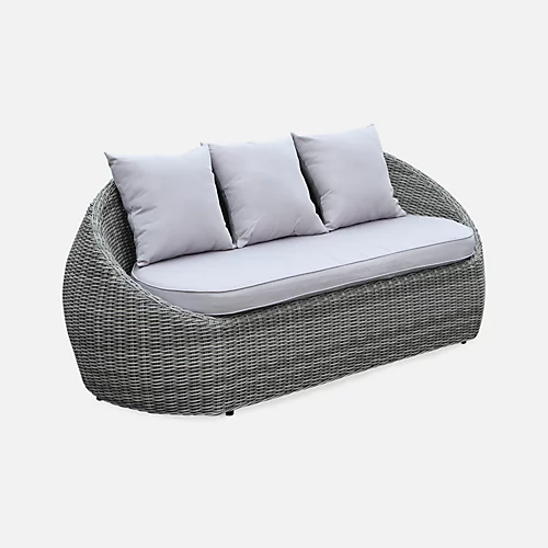 4-seater Designer Round Rattan Garden Sofa Set With 1 Sofa 2 Armchairs 1 Coffee Table - Ritardo - Grey Rattan / Light Grey Cush 2 4-seater Designer Round Rattan Garden Sofa Set With 1 Sofa 2 Armchairs 1 Coffee Table - Ritardo - Grey Rattan / Light Grey Cush - Image 2