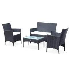 4-seater Polyrattan Garden Sofa Set - Sofa 2 Armchairs Coffee Table - Moltes - Black Rattan Off-white Cushions