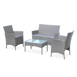 4-seater Polyrattan Garden Sofa Set - Sofa 2 Armchairs Coffee Table - Moltes - Grey Rattan Grey Cushions