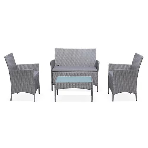 4-seater Polyrattan Garden Sofa Set - Sofa 2 Armchairs Coffee Table - Moltes - Grey Rattan Grey Cushions 2 4-seater Polyrattan Garden Sofa Set - Sofa 2 Armchairs Coffee Table - Moltes - Grey Rattan Grey Cushions - Image 2