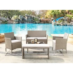 5 Piece Rattan Garden Lounge Set Outdoor Patio With Bench & Table , Grey