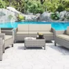 6 Piece Grey Rattan Sofa Garden Lounge Set Black Glass Topped Coffee Side Table 2 Seater 3 Seater Armchairs Beige Cushions
