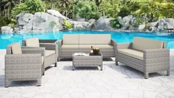 6 Piece Grey Rattan Sofa Garden Lounge Set Black Glass Topped Coffee Side Table 2 Seater 3 Seater Armchairs Beige Cushions