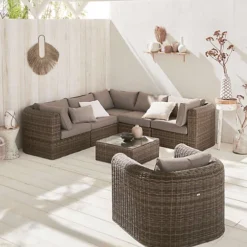 6-seater Round Rattan Garden Sofa Set - 5-seater Corner Sofa 1 Armchairs 1 Coffee Table - Tonico - Beige