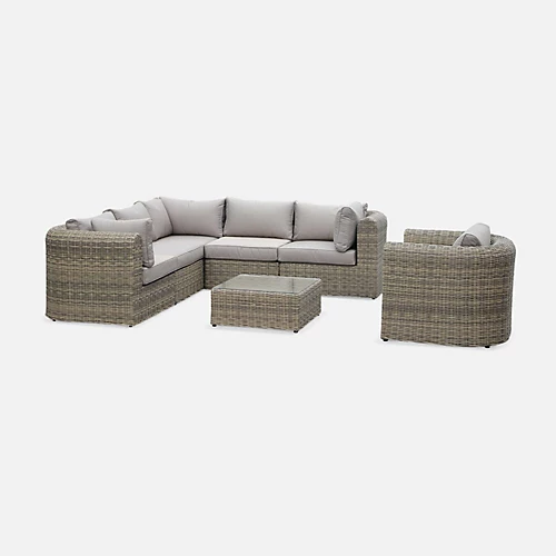 6-seater Round Rattan Garden Sofa Set - 5-seater Corner Sofa 1 Armchairs 1 Coffee Table - Tonico - Beige 2 6-seater Round Rattan Garden Sofa Set - 5-seater Corner Sofa 1 Armchairs 1 Coffee Table - Tonico - Beige - Image 2