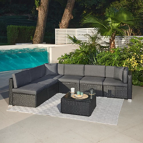 7 Piece Modular Rattan Sofa Garden Lounge Set , Black 2 7 Piece Modular Rattan Sofa Garden Lounge Set , Black - Image 2