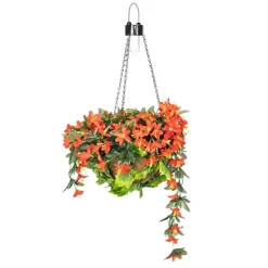 Artificial Duranta Red Flowers Hanging Basket With Solar Light 26cm