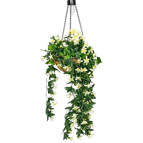 Artificial Duranta White Flowers Hanging Basket With Solar Light 26cm 1 Artificial Duranta White Flowers Hanging Basket With Solar Light 26cm