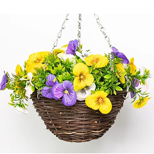 Artificial Pansy Flowers Rattan Hanging Basket Decoration Yellow Purple & White 25cm 1 Artificial Pansy Flowers Rattan Hanging Basket Decoration Yellow Purple & White 25cm