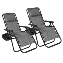 Birchtree Folding Reclining Garden Patio Chair Sun Lounger Recliner Zero Gravity Set Of 2 With Cup Holder Cushion BT-SR03 Grey