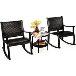 Costway 3 Pieces Bistro Outdoor Set W/ 2 Wicker Rattan Rocking Chairs & 1 Coffee Table