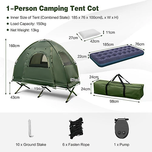 Costway 5-In-1 Single Camping Cot Tent Folding Portable Elevated Tent W/ Air Mattres 2 Costway 5-In-1 Single Camping Cot Tent Folding Portable Elevated Tent W/ Air Mattres - Image 2