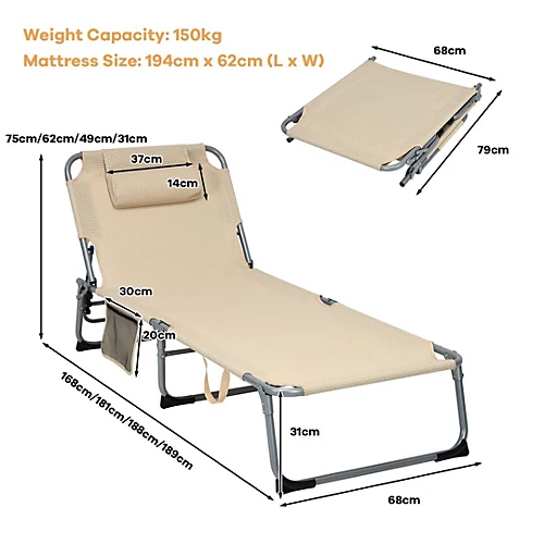 Costway Adjustable Beach Chaise Lounger Deck Chair W/ Soft Mattress & Removable Pillow 2 Costway Adjustable Beach Chaise Lounger Deck Chair W/ Soft Mattress & Removable Pillow - Image 2