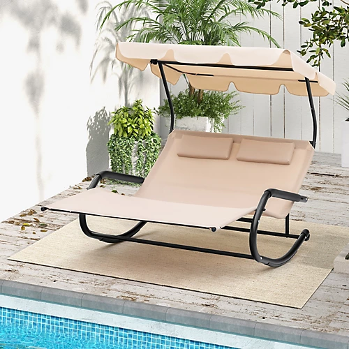 Costway Outdoor 2-Person Double Rocking Chaise Lounge W/ Canopy & Wheels Metal Frame 3 Costway Outdoor 2-Person Double Rocking Chaise Lounge W/ Canopy & Wheels Metal Frame - Image 3
