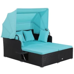 Costway Outdoor PE Wicker Daybed Patio Loveseat Sofa Set W/ Retractable Canopy