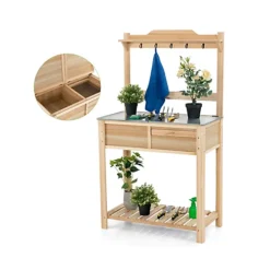 Costway Wooden Outdoor Planting Table Potting Bench W/ Flip-open Galvanized Metal Table