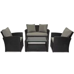 EVRE 4 Seater Black Rattan Garden Furniture Sofa Armchair Set - Roma With Coffee Table