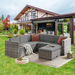 EVRE 6 Seat Grey Rattan Outdoor Garden Furniture Sofa Set - Monaco With Coffee Table And Weatherproof Cover -Outsunny Garden Zone evre 6 seat grey rattan outdoor garden furniture sofa set monaco with coffee table and weatherproof cover5060381724266 03c MP