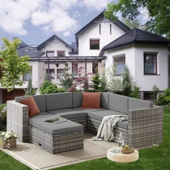 EVRE 6 Seat Grey Rattan Outdoor Garden Furniture Sofa Set - Monaco With Coffee Table And Weatherproof Cover -Outsunny Garden Zone evre 6 seat grey rattan outdoor garden furniture sofa set monaco with coffee table and weatherproof cover5060381724266 04c MP