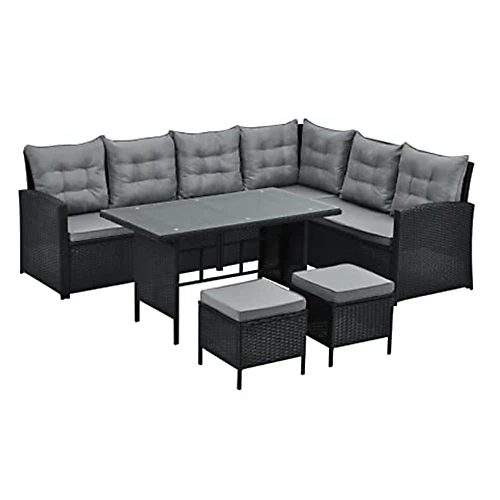 EVRE Black 8 Seater Garden Rattan Furniture Corner Dining Set - Monroe With Table Sofa Bench Stool And Weatherproof Cover 1 EVRE Black 8 Seater Garden Rattan Furniture Corner Dining Set - Monroe With Table Sofa Bench Stool And Weatherproof Cover