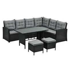 EVRE Black 8 Seater Garden Rattan Furniture Corner Dining Set - Monroe With Table Sofa Bench Stool