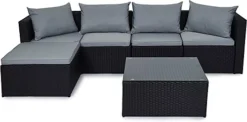 Evre Black Rattan Outdoor Garden Furniture Set Miami Sofa Coffee Table, Foot Stool Rattan With Premium Cover