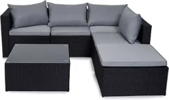 Evre Black Rattan Outdoor Garden Furniture Set Miami Sofa Coffee Table, Foot Stool Rattan