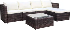 Evre Brown Rattan Outdoor Garden Furniture Set Miami Sofa Coffee Table, Foot Stool Rattan With Premium Cover