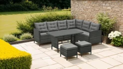 EVRE Grey 8 Seater Garden Rattan Furniture Corner Dining Set -Monroe With Table Sofa Bench Stool And Weatherproof Cover