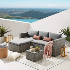 EVRE Grey Malibu Rattan Garden Furniture Set And Coffee Table Patio Conservatory Indoor & Outdoor With Cushions With Cover