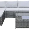 Evre Grey Rattan Outdoor Miami 5 Seater Garden Furniture Set With Coffee Table, Foot Stool