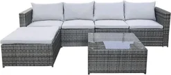 Evre Grey Rattan Outdoor Miami 5 Seater Garden Furniture Set With Coffee Table, Foot Stool