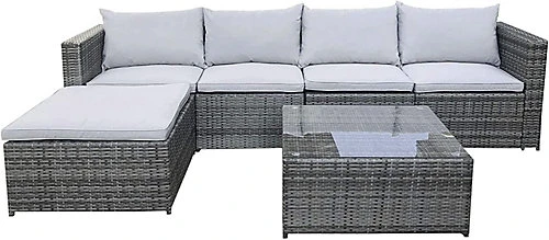 Evre Grey Rattan Outdoor Miami 5 Seater Garden Furniture Set With Coffee Table, Foot Stool 1 Evre Grey Rattan Outdoor Miami 5 Seater Garden Furniture Set With Coffee Table, Foot Stool