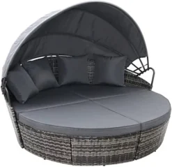 EVRE Mixed Grey Bali Day Bed Outdoor Garden Furniture Set With Canopy With Cover