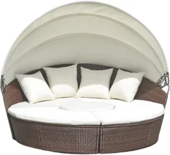 EVRE Seychelles Day Sun Bed Rattan Round Outdoor Garden Furniture Set With Extendable Canopy Table 5 Pieces Brown